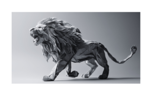 An origami lion walks towards the left of frame with his tail quivering.